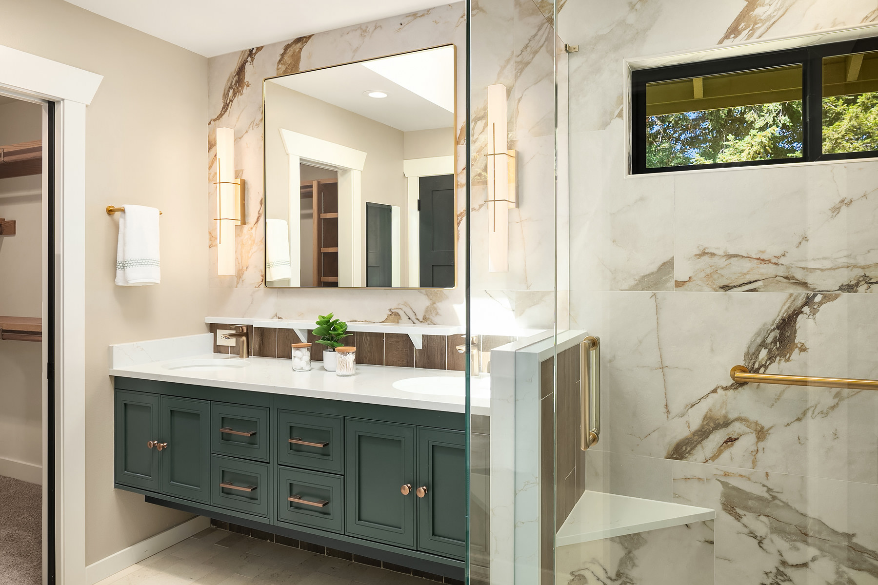 Bathroom remodel with custom vanity by Rayna Vogel Interior Design