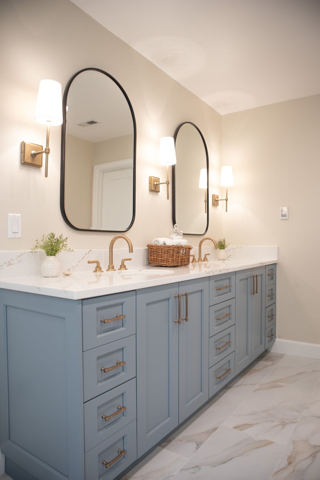 Primary bathroom remodel with stone accent wall