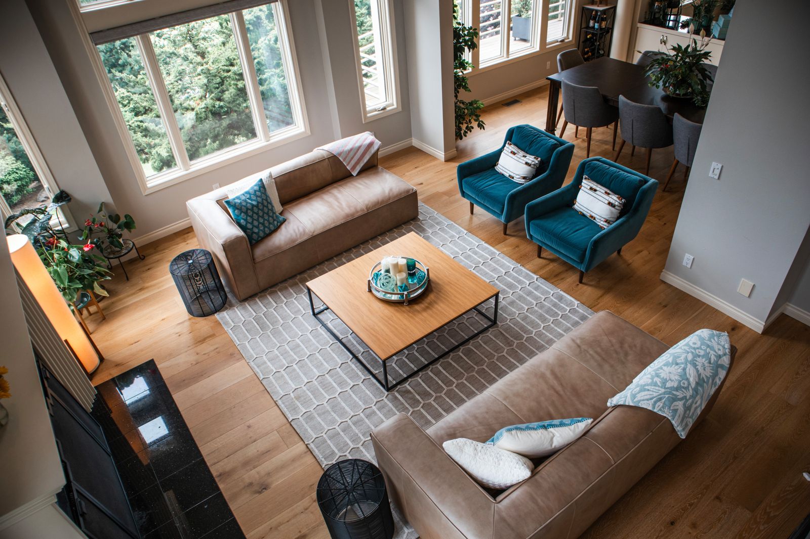 Living room space plan with fireplace and seating layout
