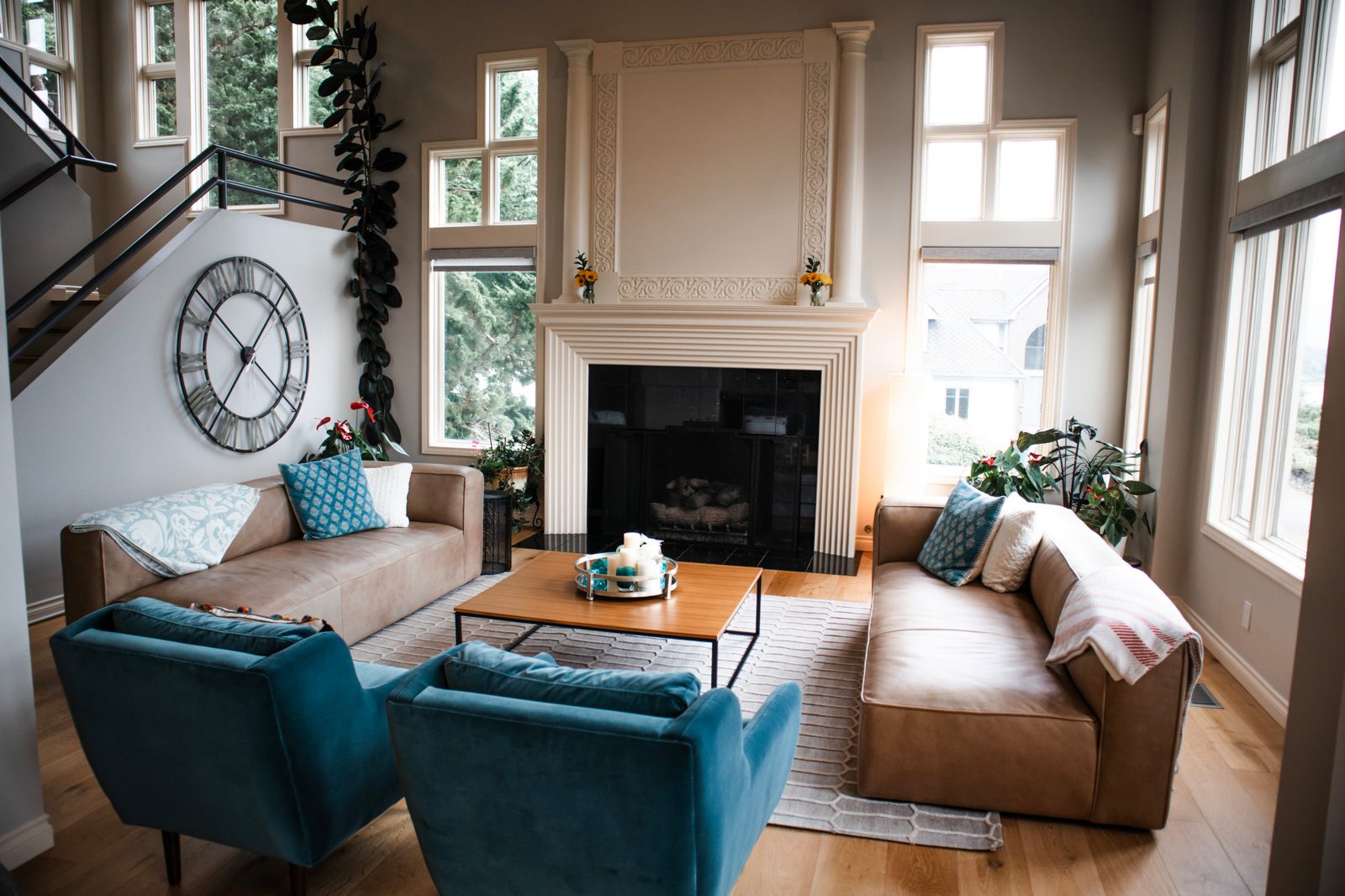 Open concept living room furniture layout
