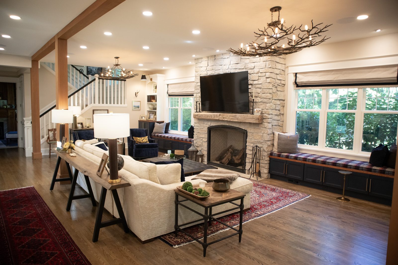 Redmond family room remodel with new limestone fireplace