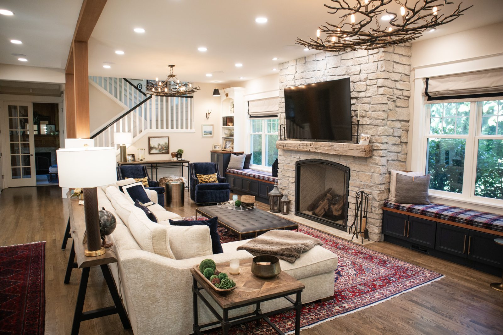 Redmond family room finished space with custom cabinetry and furniture